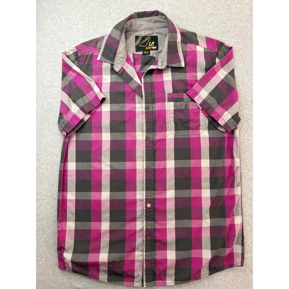 Amplify Mens Short Sleeve Plaid Button Down Shirt Pink Grey White‎ Large